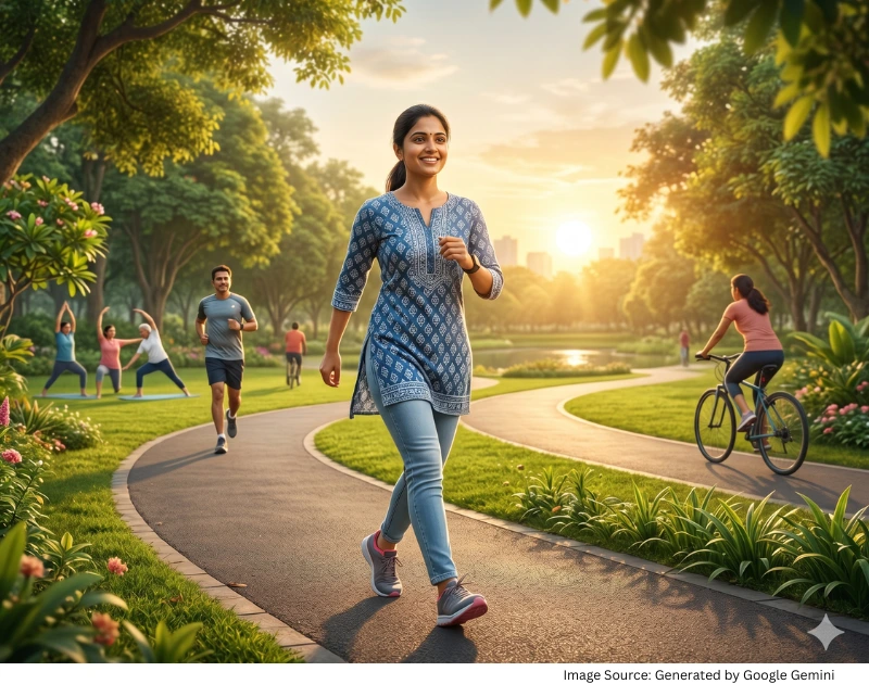पार्क में सुबह वॉक और व्यायाम करते लोग, जो हृदय स्वास्थ्य के लिए सक्रिय जीवनशैली दर्शाते हैं।