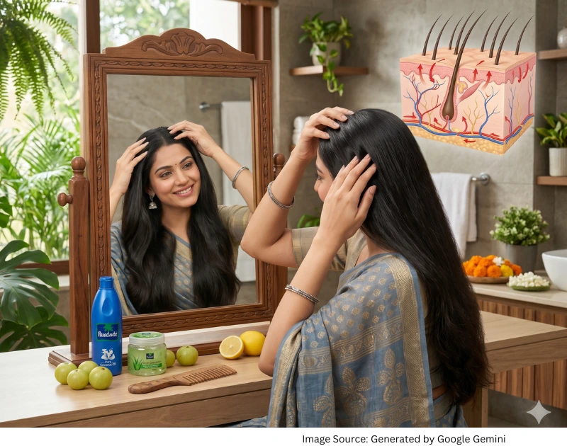 बालों में तेल मालिश करती महिला, जो स्वस्थ स्कैल्प और मजबूत बालों को दर्शाती है।