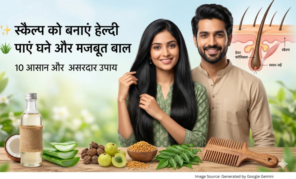 स्वस्थ स्कैल्प और घने मजबूत बालों के लिए प्राकृतिक हेयर केयर उपाय दर्शाती फीचर्ड इमेज।