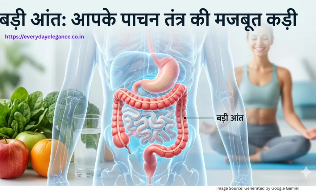 मानव पाचन तंत्र में बड़ी आंत की संरचना और उसके स्वास्थ्य लाभ दर्शाती फीचर्ड इमेज।