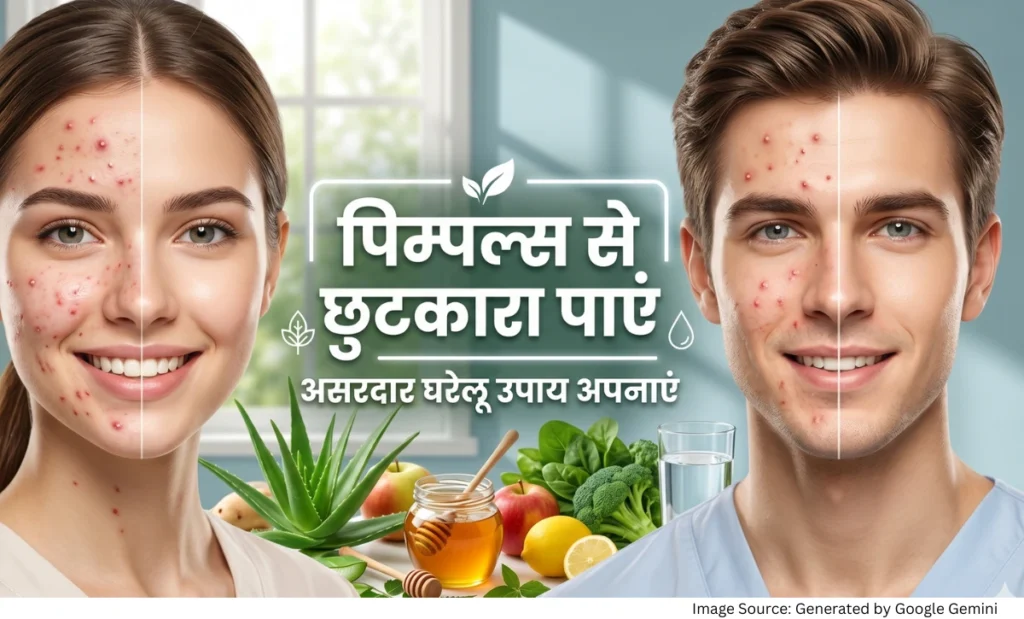 पिम्पल्स और एक्ने से राहत के लिए घरेलू उपाय तथा स्वस्थ और साफ त्वचा दर्शाती फीचर्ड इमेज।