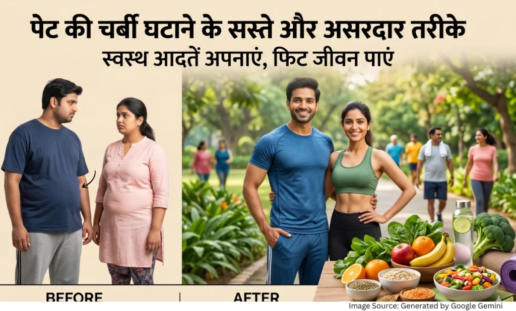 पेट की चर्बी कम करने के लिए स्वस्थ आहार, व्यायाम और वजन प्रबंधन दर्शाती फीचर्ड इमेज।