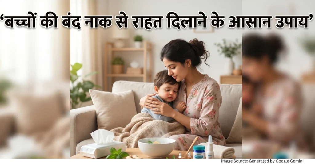 “बंद नाक से परेशान बच्चे की देखभाल करती मां और घरेलू राहत उपायों को दर्शाती हेल्थ इमेज”