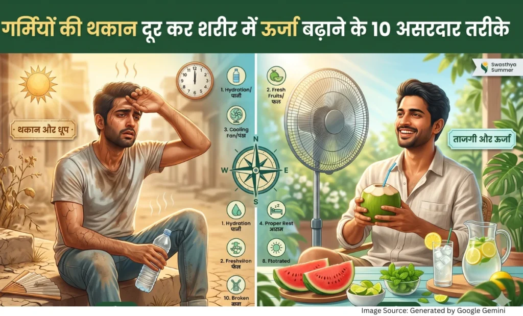 “गर्मियों में थकान से राहत और शरीर में ऊर्जा बढ़ाने वाले हेल्दी उपायों को दर्शाती फीचर्ड इमेज”