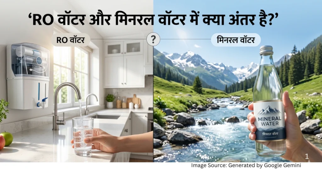 “RO वॉटर और मिनरल वॉटर की तुलना दिखाती रियलिस्टिक हेल्थ फीचर्ड इमेज”