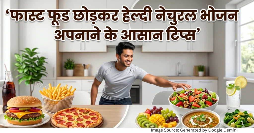 “फास्ट फूड और हेल्दी नेचुरल भोजन की तुलना दिखाती रियलिस्टिक हेल्थ फीचर्ड इमेज”