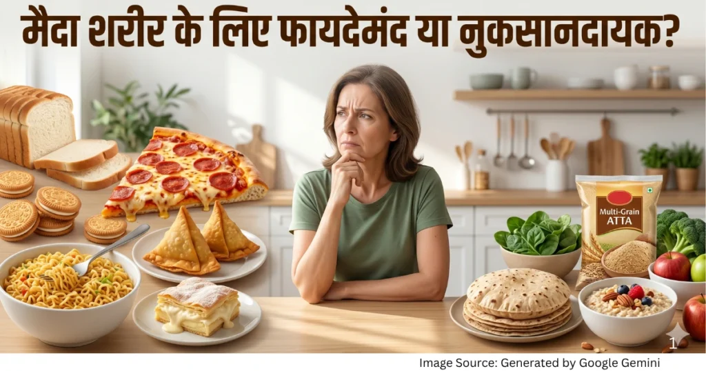 “मैदा से बने खाद्य पदार्थ और हेल्दी विकल्पों की तुलना दिखाती हेल्थ फीचर्ड इमेज”