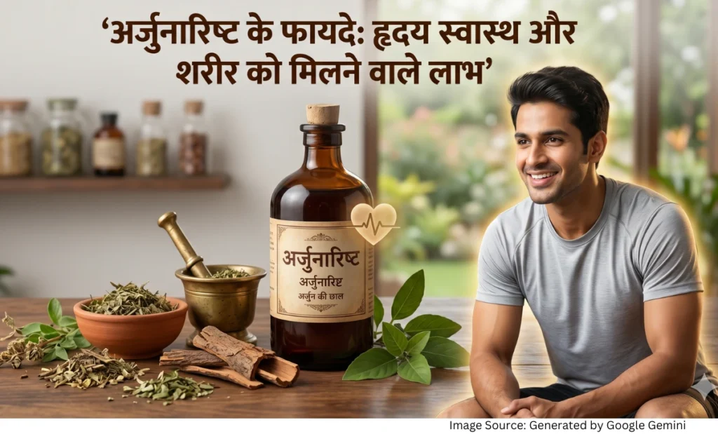 “अर्जुनारिष्ट और हृदय स्वास्थ्य को दर्शाती आयुर्वेदिक हेल्थ फीचर्ड इमेज”