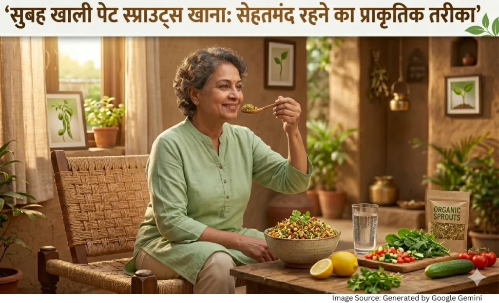 “सुबह अंकुरित अनाज खाते हुए स्वस्थ व्यक्ति को दर्शाती हेल्थ फीचर्ड इमेज”