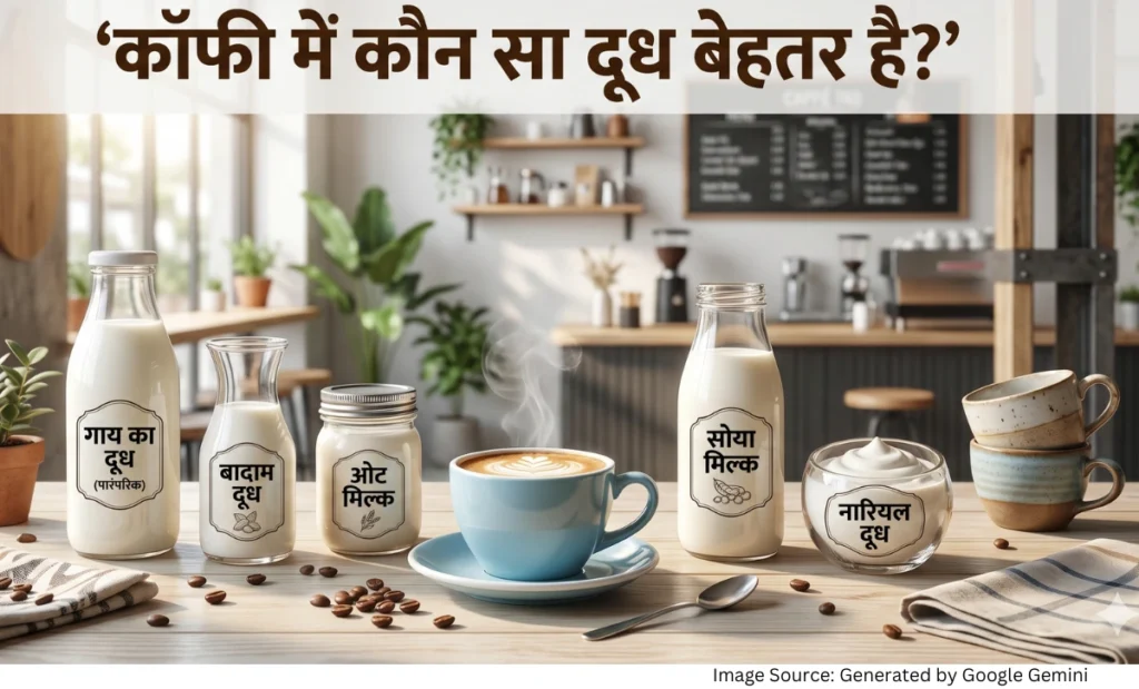 “कॉफी के साथ पारंपरिक और वैकल्पिक दूध विकल्पों को दर्शाती रियलिस्टिक फीचर्ड इमेज”