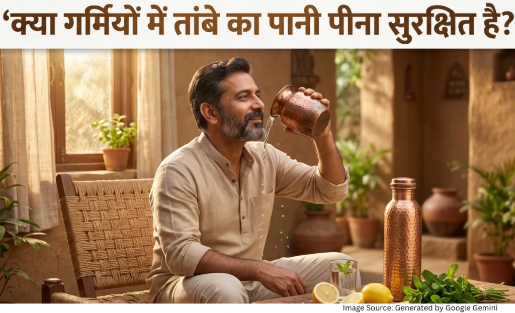 “गर्मियों में तांबे के बर्तन का पानी पीते व्यक्ति को दर्शाती हेल्थ फीचर्ड इमेज”