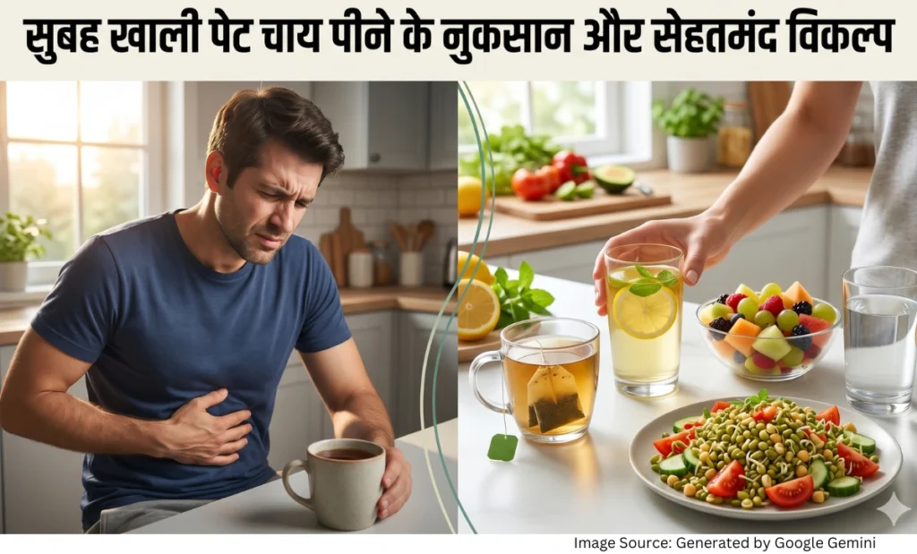 “सुबह खाली पेट चाय पीने के नुकसान और हेल्दी विकल्पों को दर्शाती इमेज”