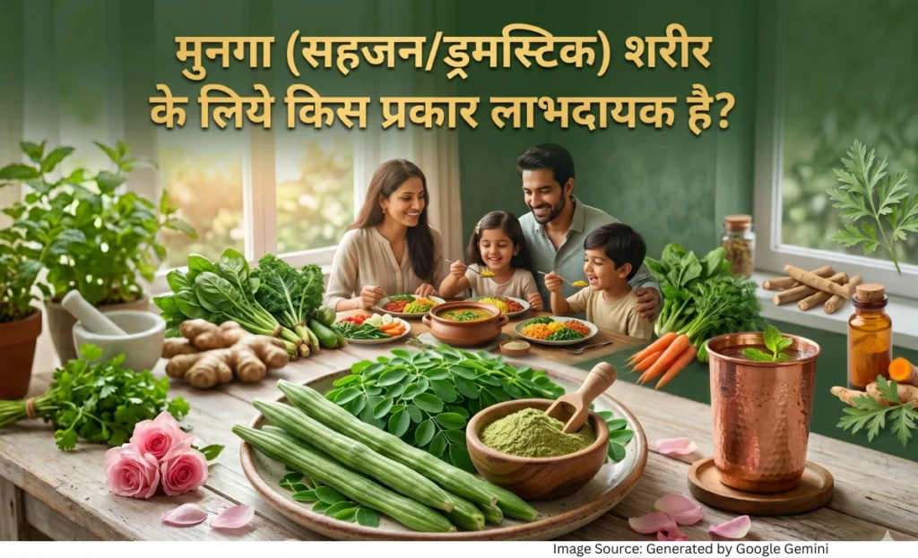 “मुनगा या सहजन की फलियां और पत्तियों को दर्शाती आयुर्वेदिक हेल्थ फीचर्ड इमेज”