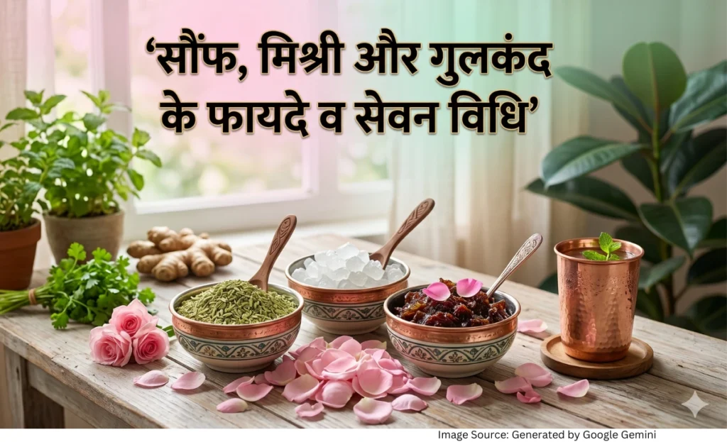 “सौंफ, मिश्री और गुलकंद को दर्शाती आयुर्वेदिक हेल्थ फीचर्ड इमेज”