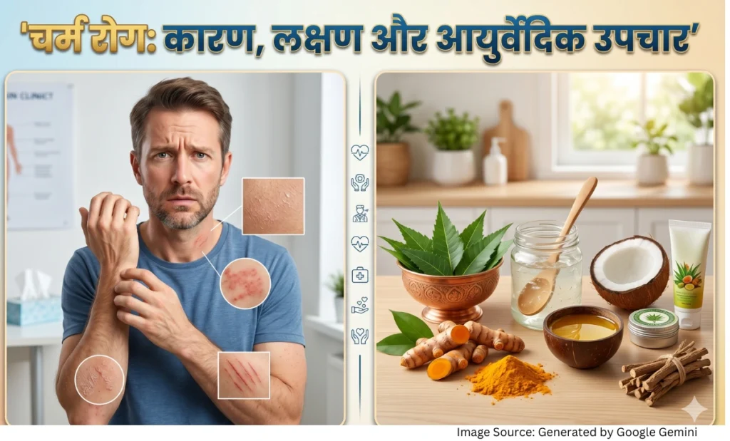 “चर्म रोग के लक्षण और आयुर्वेदिक उपचार को दर्शाती हेल्थ फीचर्ड इमेज”