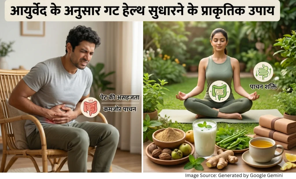 “आयुर्वेदिक उपायों द्वारा गट हेल्थ सुधारने को दर्शाती हेल्थ फीचर्ड इमेज”