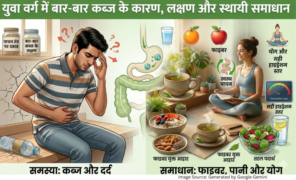“युवा व्यक्ति में कब्ज की समस्या और हेल्दी पाचन उपायों को दर्शाती फीचर्ड इमेज”