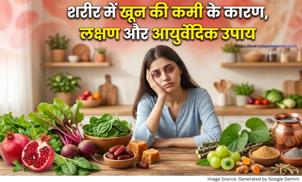 “खून की कमी दूर करने के लिए अनार, चुकंदर, पालक और आयुर्वेदिक घरेलू उपाय दर्शाती हेल्थ फीचर्ड इमेज”