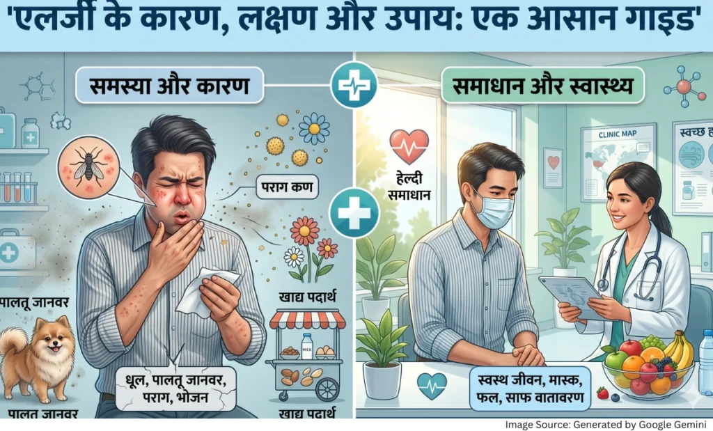 “एलर्जी के कारण, लक्षण और बचाव उपायों को दर्शाती हेल्थ फीचर्ड इमेज”
