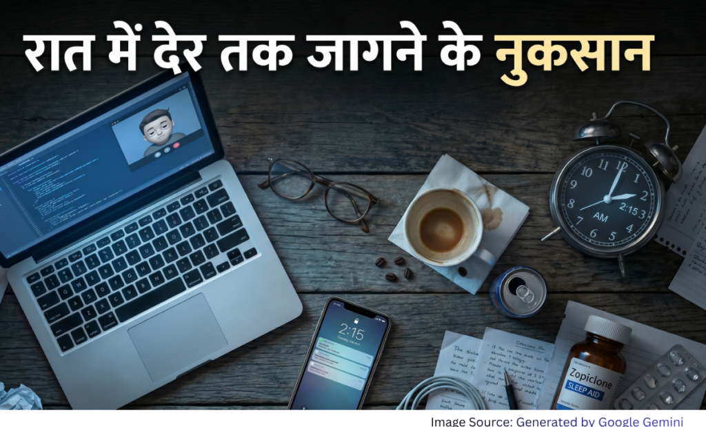 रात में देर तक जागने के नुकसान दर्शाती हुई लेट नाइट वर्क और मोबाइल उपयोग की रियलिस्टिक फ्लैट ले इमेज